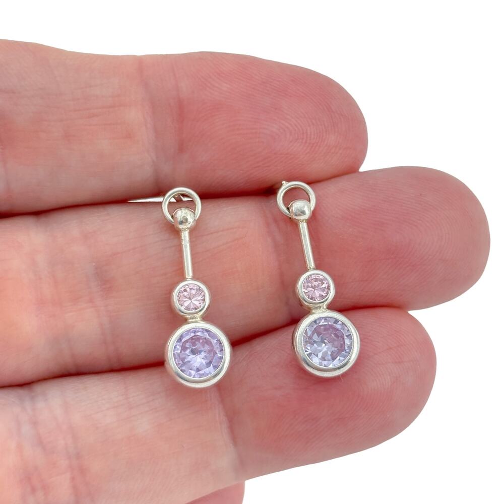 Vintage Sterling Silver 925 Purple Pink Crystal Dangle Earrings